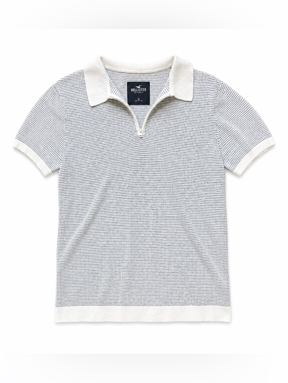 Hollister Mens Knit Polo Shirt Size M White Quarter Zip Textured Preppy